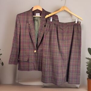 Vintage 80s Skirt Suit L Green Purple Plaid USA Midi Wool Blend Dark Academia‎